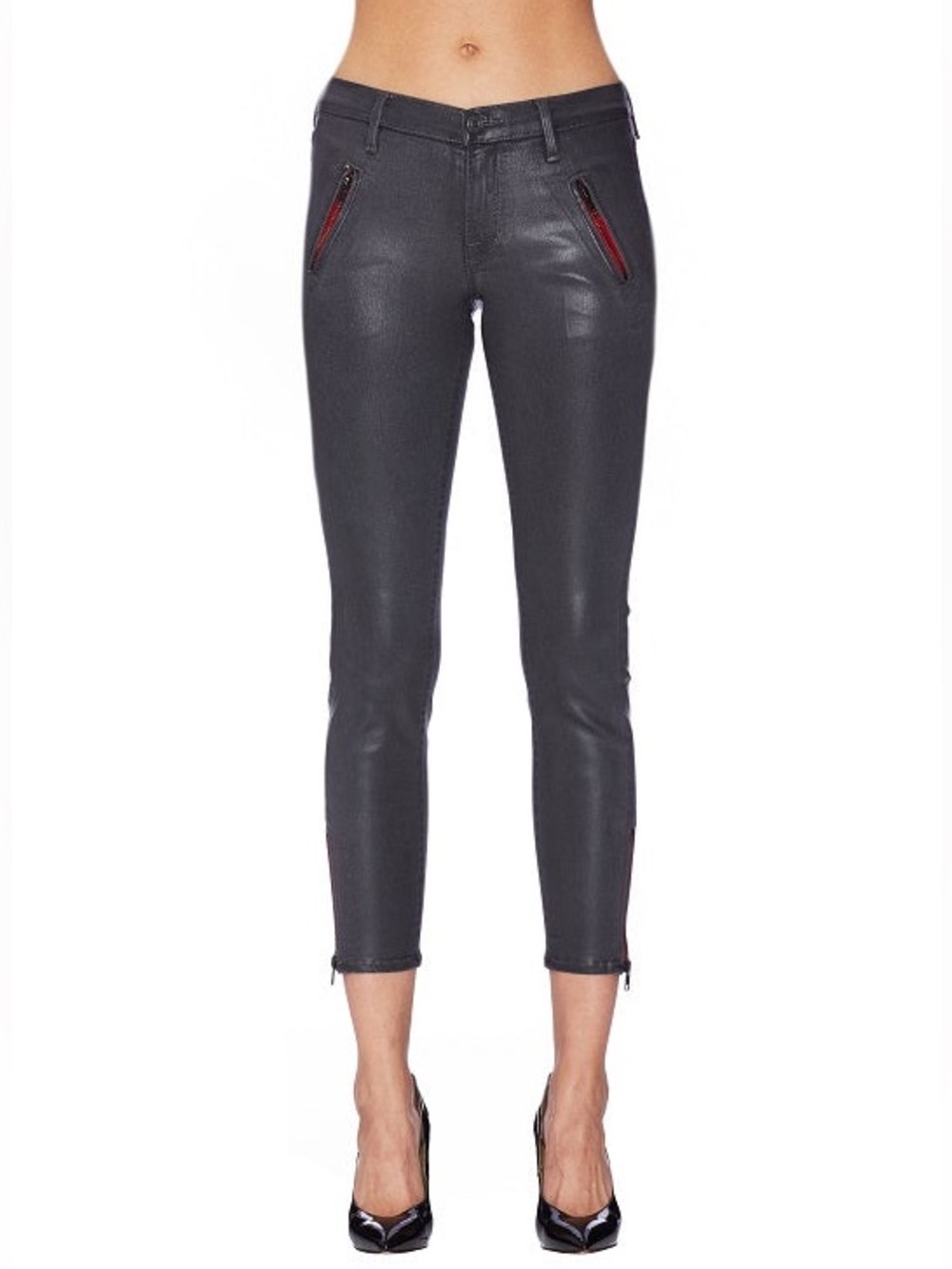 Cropped Coated Grey Ankle Jeans with 4 Zip Detail